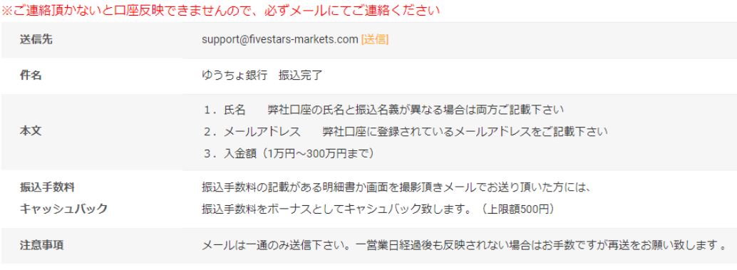 ファイブスターズマーケッツゆうちょ銀行振込完了